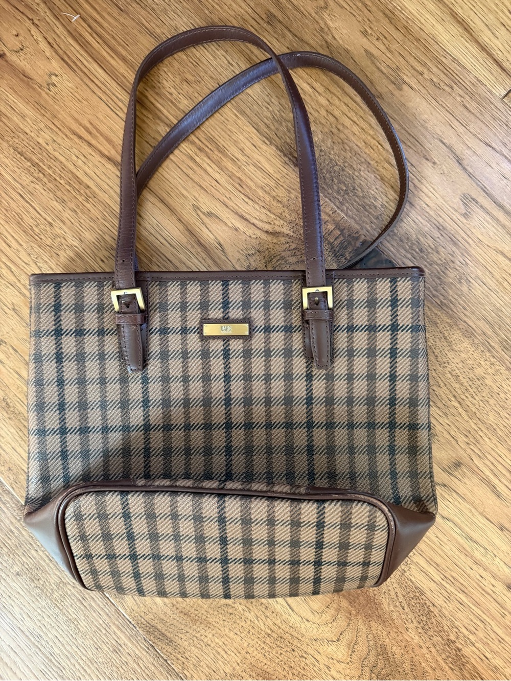Classic Brown Plaid Tote with Dark Brown Trim
